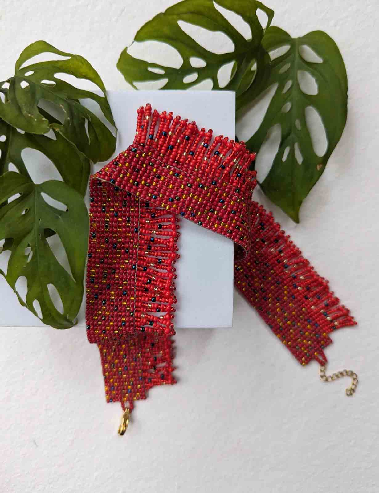 Lady in Red-Handmade Beaded Choker Red Orange Blue Gold