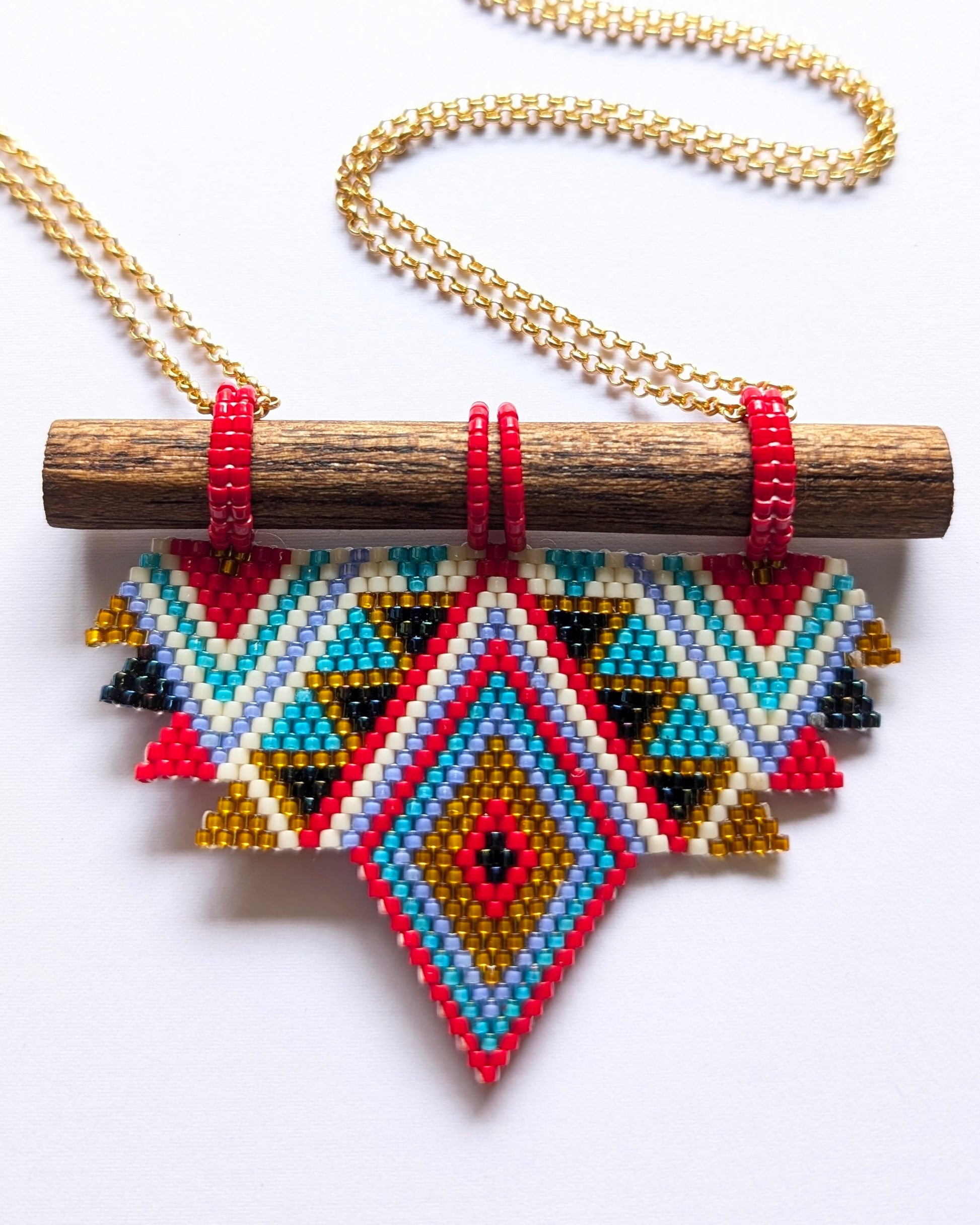 Maira Necklace Handmade Beaded Gold White Blue Turquoise Red Wooden Components Brass