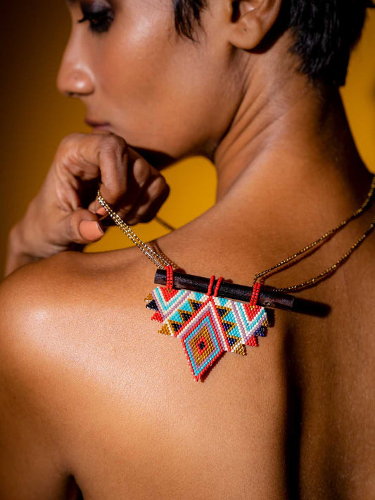 Maira Necklace Handmade Beaded Gold White Blue Turquoise Red Wooden Components Brass