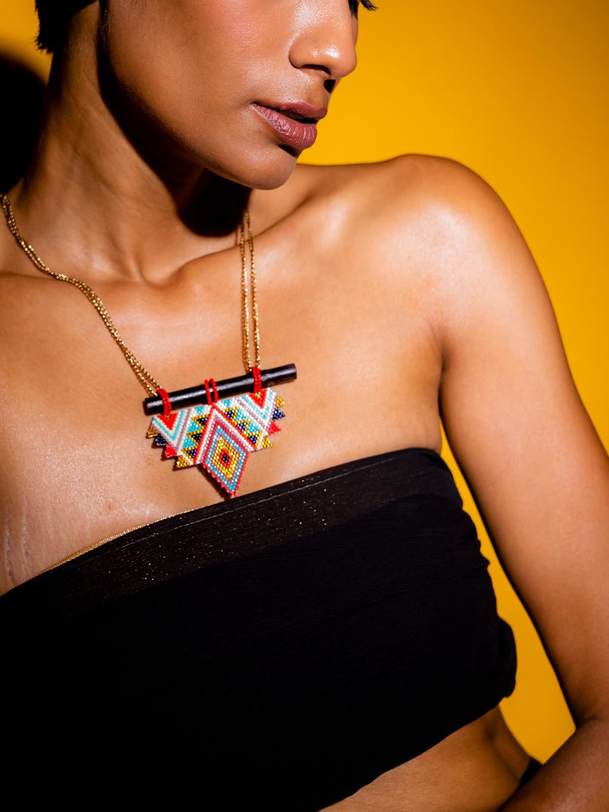 Maira Necklace Handmade Beaded Gold White Blue Turquoise Red Wooden Components Brass