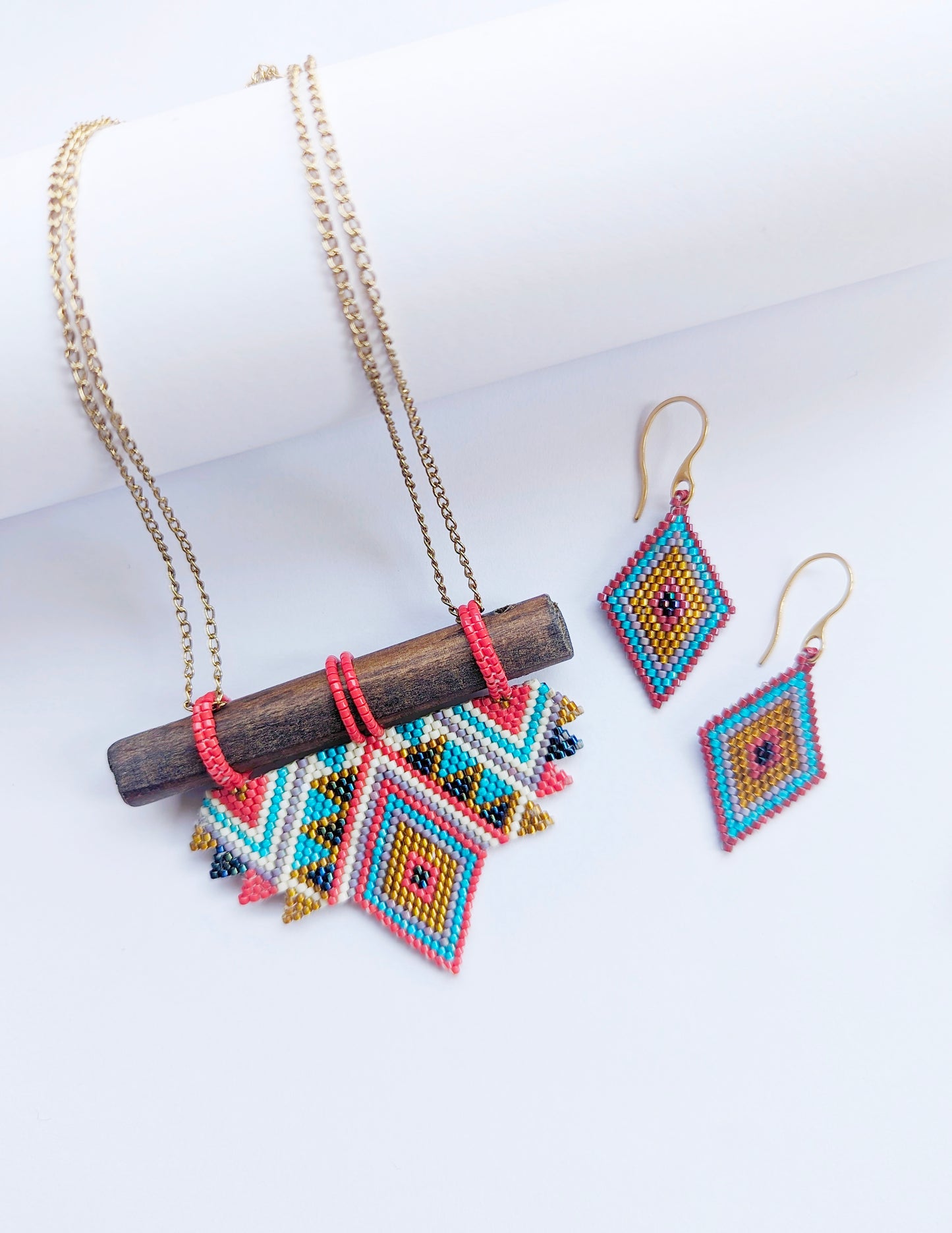 Maira Necklace Handmade Beaded Gold White Blue Turquoise Red Wooden Components Brass