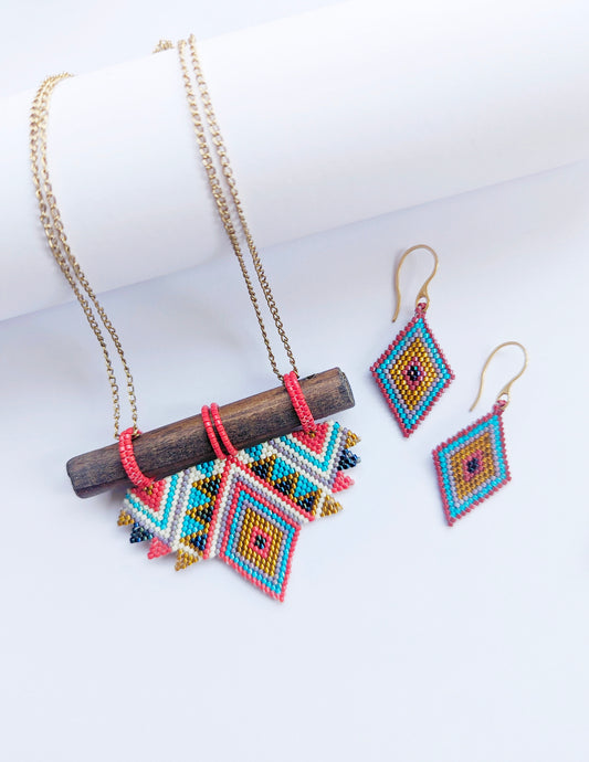 Maira Necklace Handmade Beaded Gold White Blue Turquoise Red Wooden Components Brass