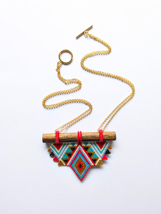 Maira Necklace Handmade Beaded Gold White Blue Turquoise Red Wooden Components Brass