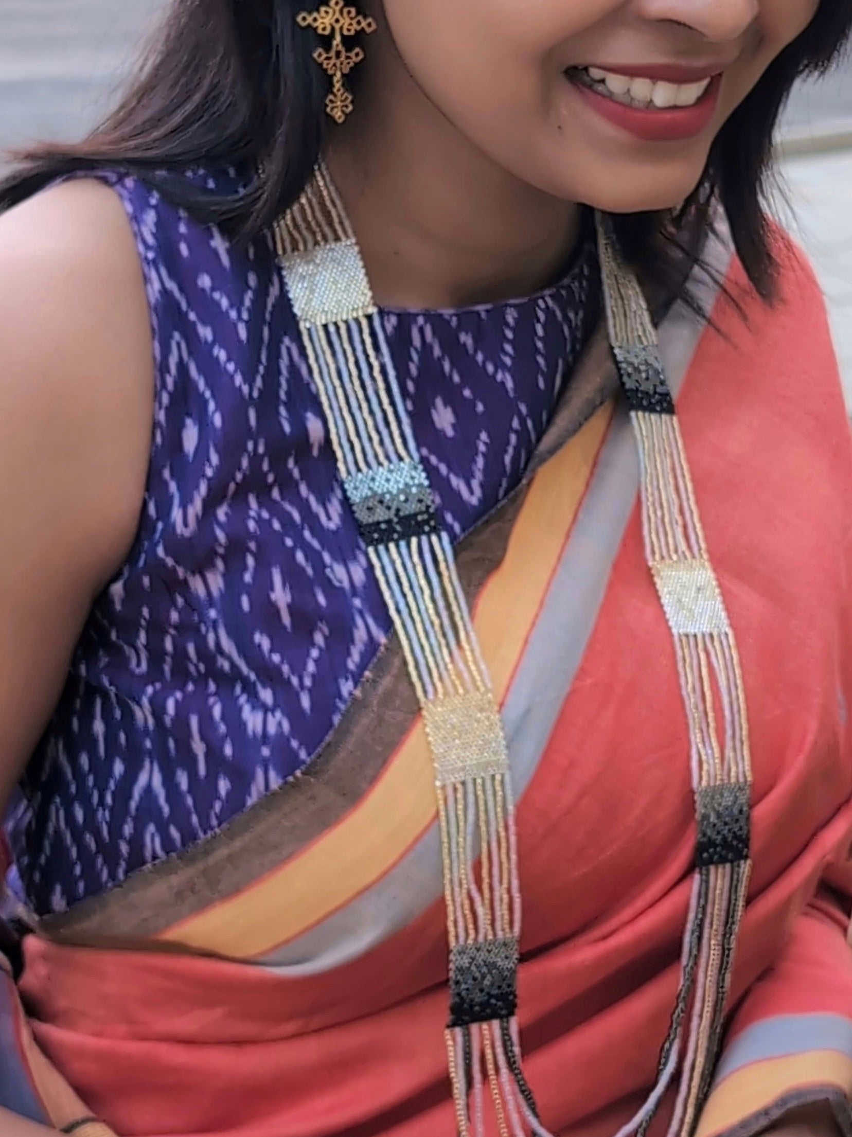 Meher Gold Silver Grey Handmade Beaded Statement Necklace