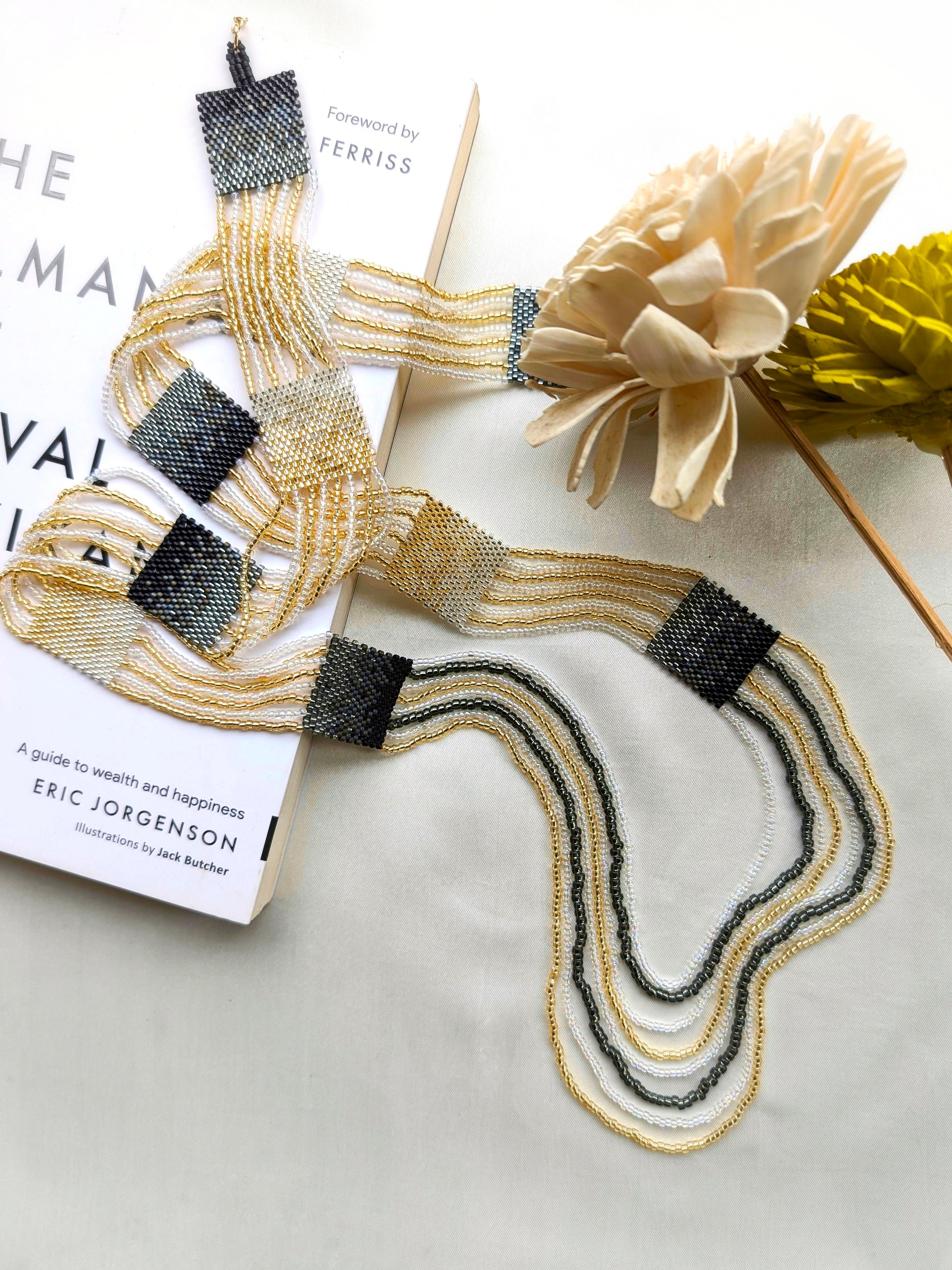 Meher Gold Silver Grey Handmade Beaded Statement Necklace