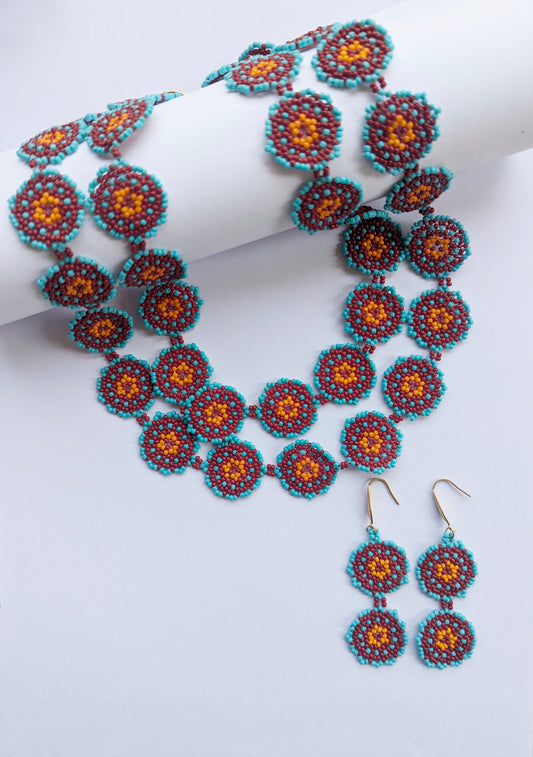 Mia Turquoise Multi-Stranded Flower Necklace Handmade Beaded Orange Maroon Green