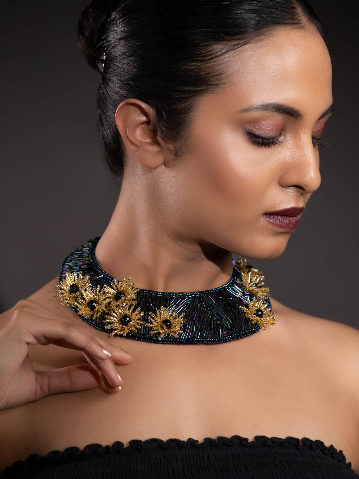 Midnight Starburst Handmade Beaded Embroidered Black Gold Pearl Brass