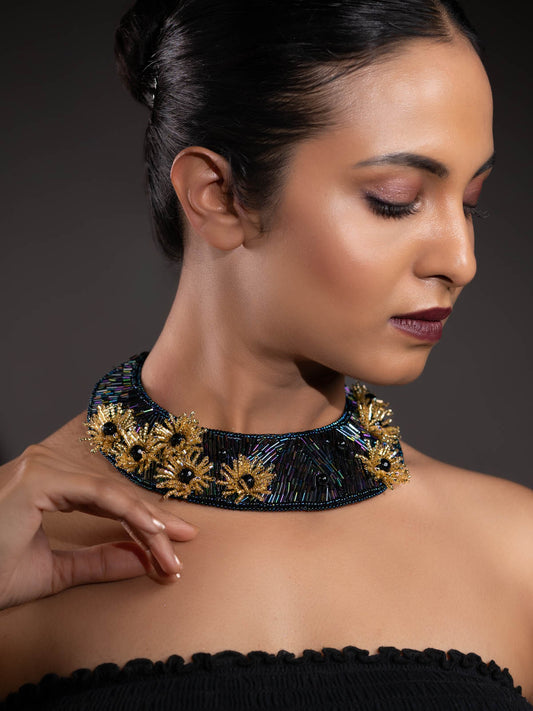 Midnight Starburst Handmade Beaded Embroidered Black Gold Pearl Brass