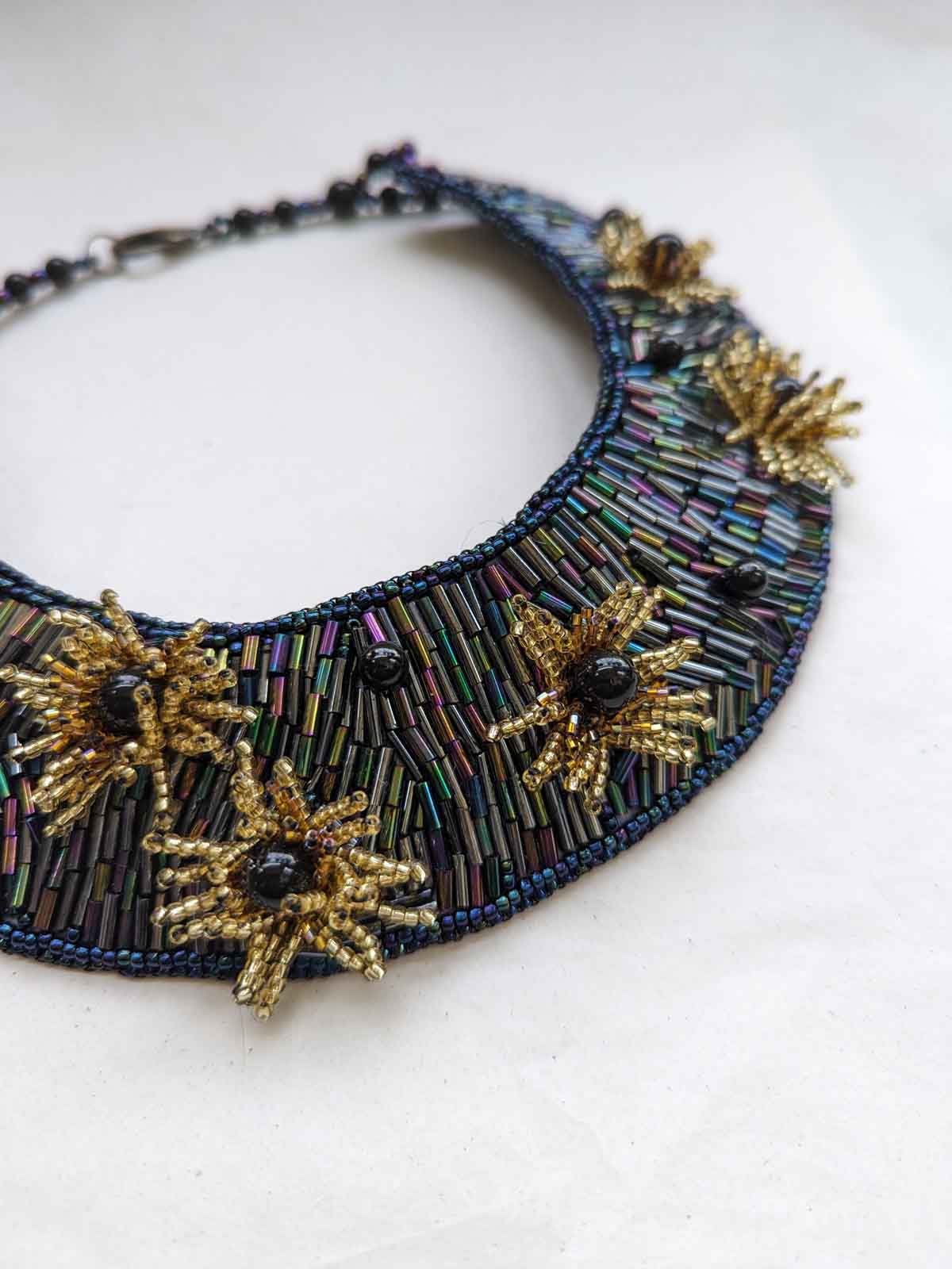Midnight Starburst Handmade Beaded Embroidered Black Gold Pearl Brass