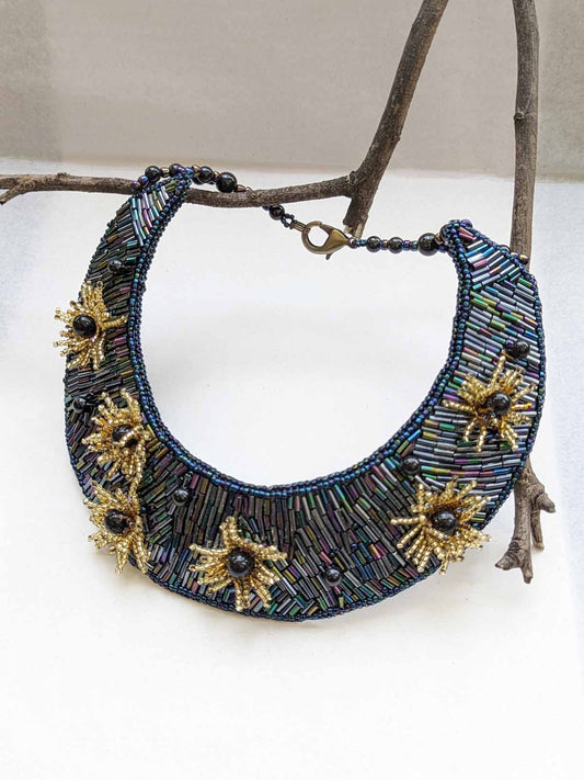 Midnight Starburst Handmade Beaded Embroidered Black Gold Pearl Brass