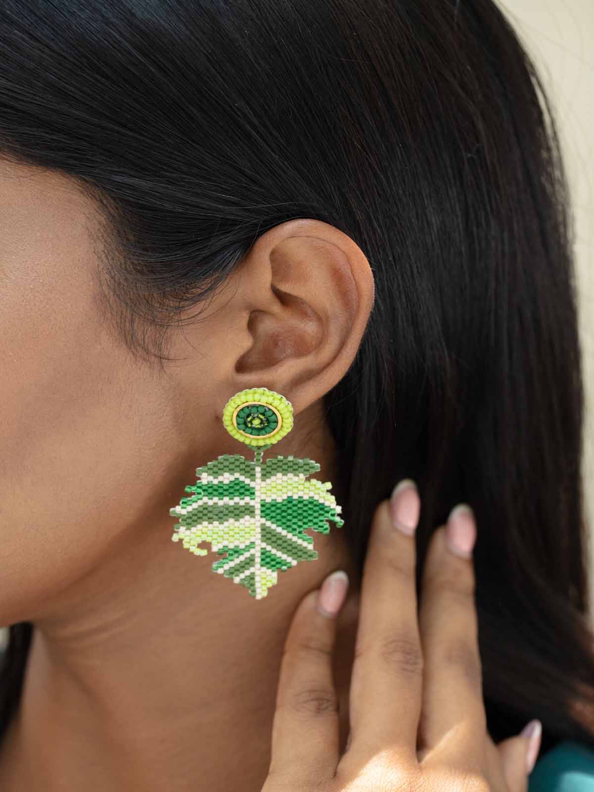 Birch Earrings Handmade Beaded Weaving Stud Cream White Green Yellow