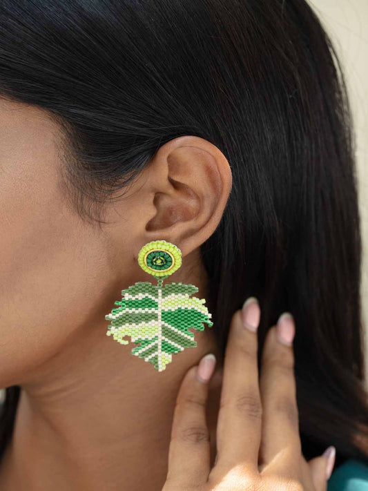 Birch Earrings Handmade Beaded Weaving Stud Cream White Green Yellow