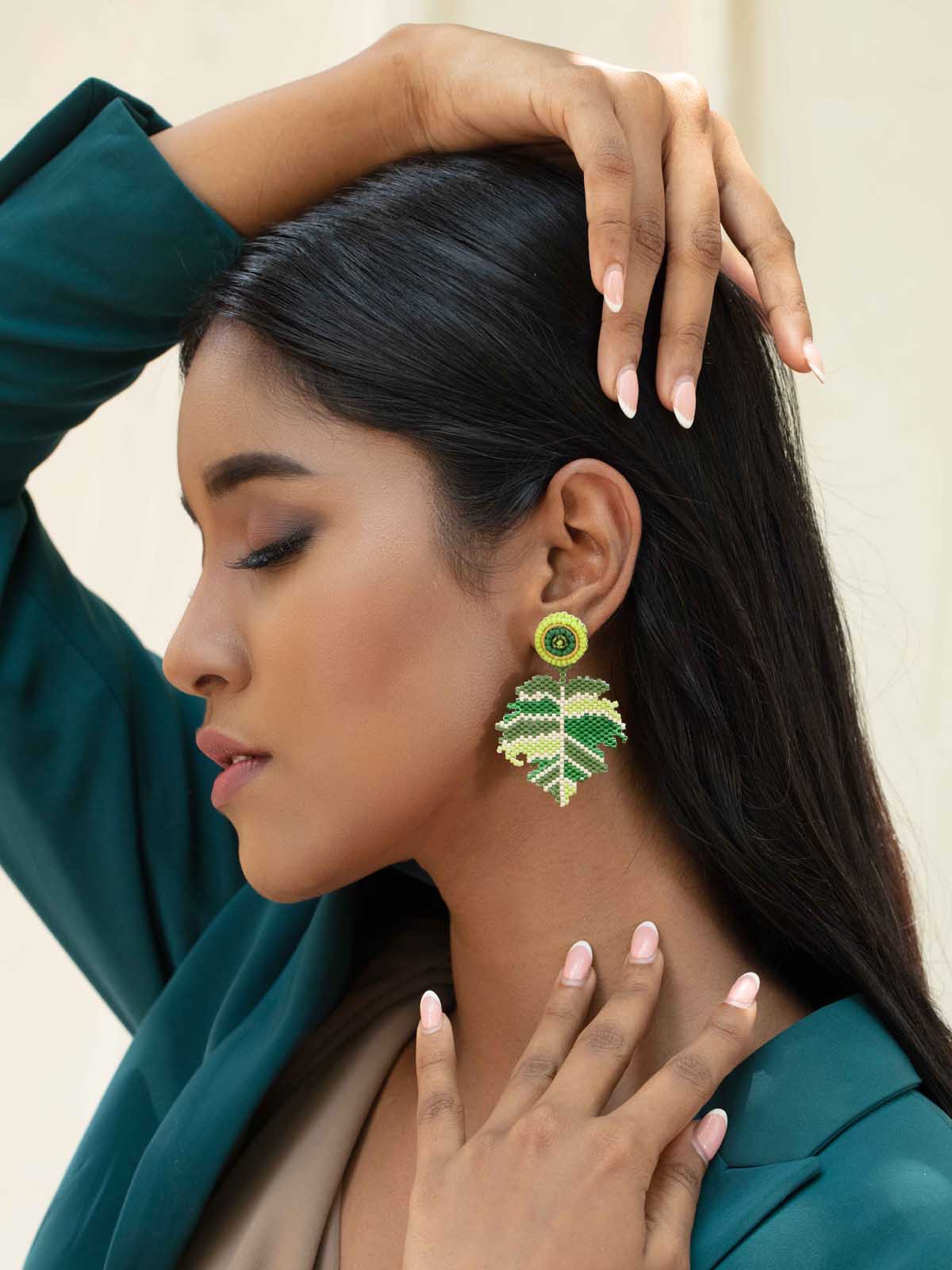 Birch Earrings Handmade Beaded Weaving Stud Cream White Green Yellow
