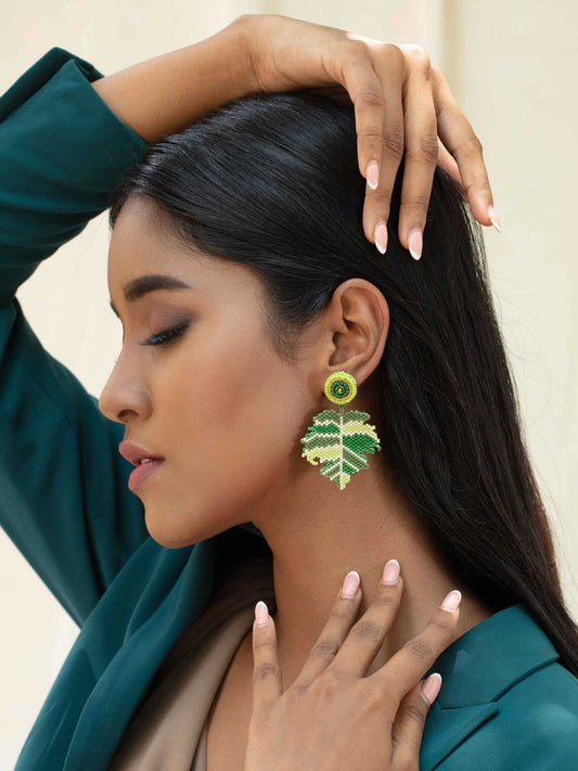 Birch Earrings Handmade Beaded Weaving Stud Cream White Green Yellow