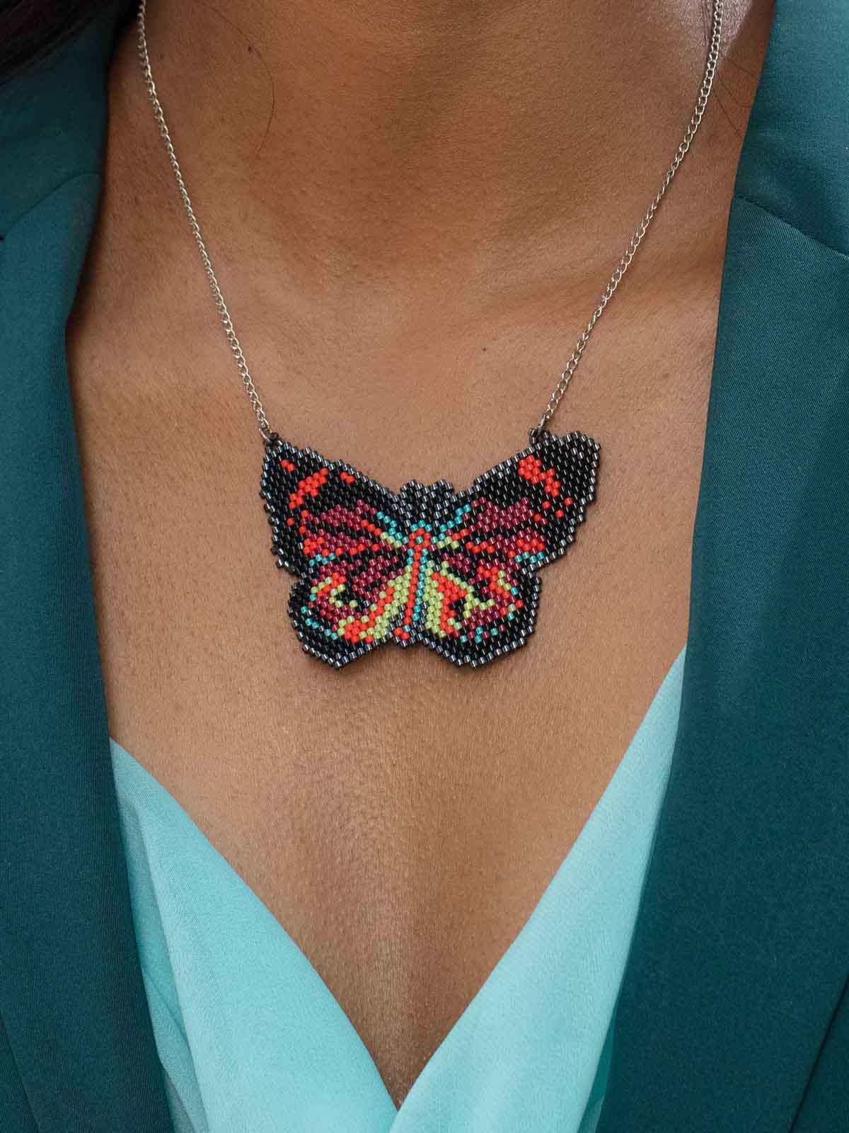 Handmade Beaded Caria Butterfly Necklace Multicolor Black Yellow Orange Red Silver Blue