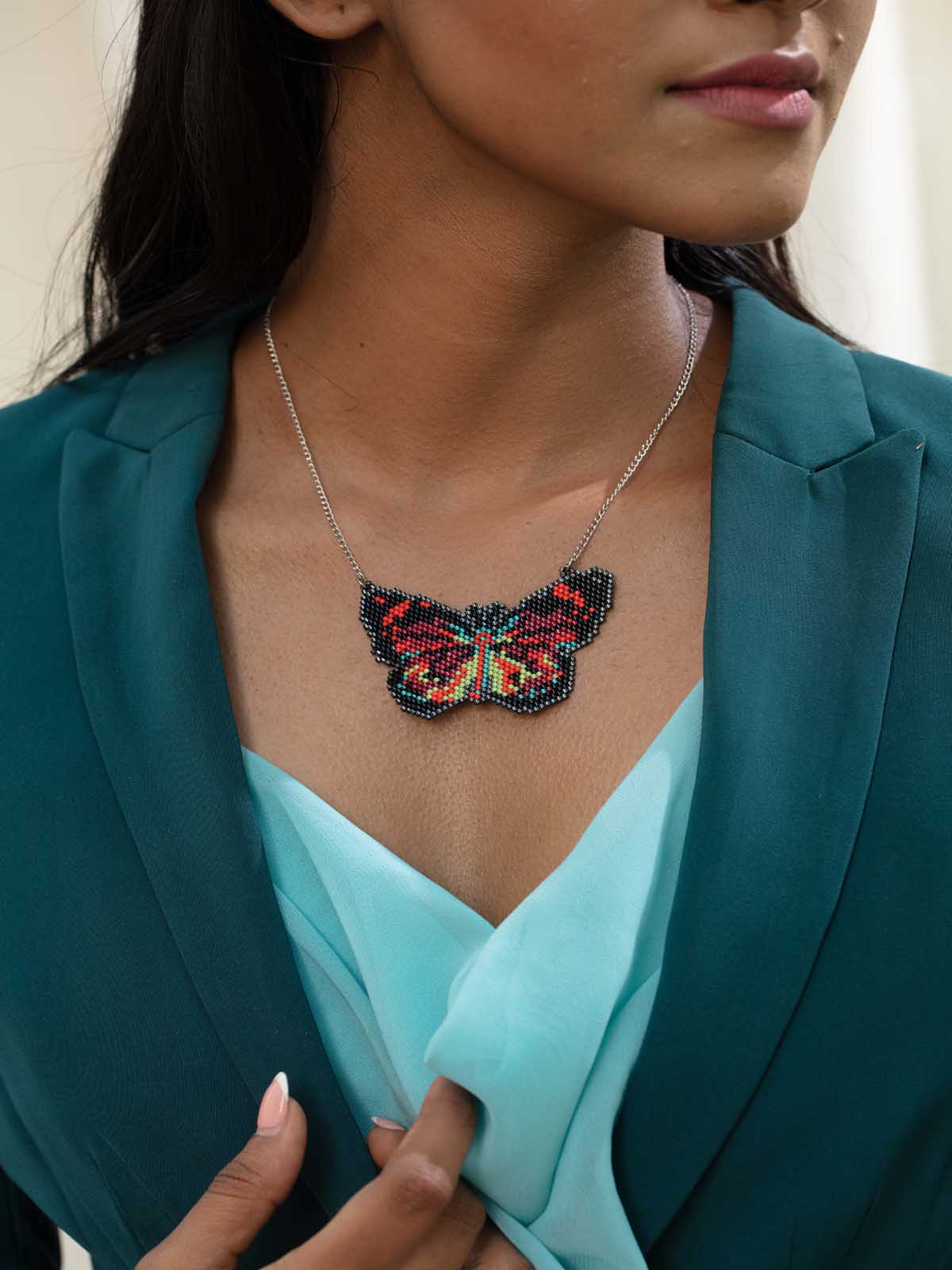 Handmade Beaded Caria Butterfly Necklace Multicolor Black Yellow Orange Red Silver Blue