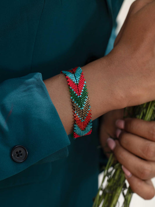 Handmade Beaded Glass Bracelet Miyuki Delica Stainless Steel Woven Red Blue Green Gold