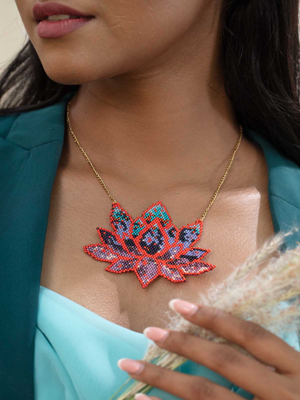 Orange Lotus Handmade Beaded Necklace Blue Grey Gold