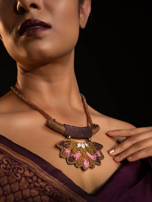 Padmaja Handmade Beaded Necklace Pink Magenta Silver Gold Wooden Element