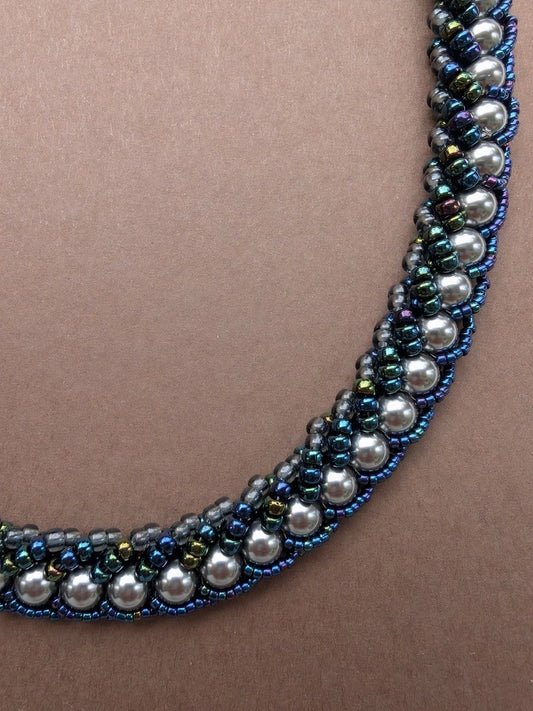 Handmade Beaded Pearl Blue Silver Necklace
