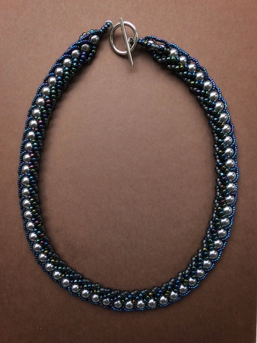 Handmade Beaded Pearl Blue Silver Necklace