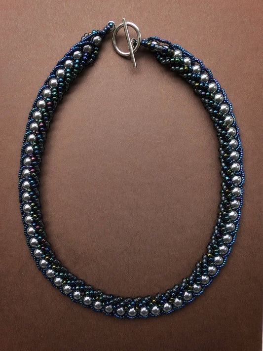 Handmade Beaded Pearl Blue Silver Necklace
