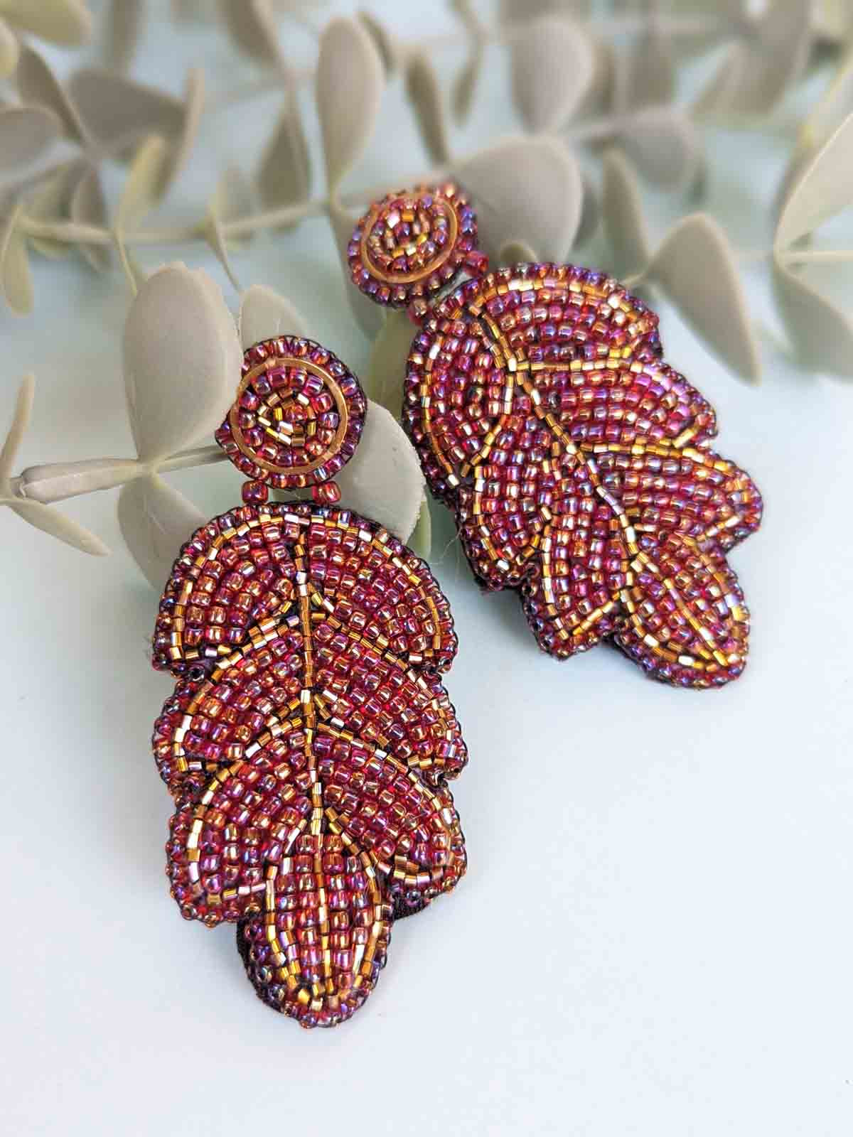 Handmade Beaded Earrings Summer Leaves Pink Red Gold Embroidered