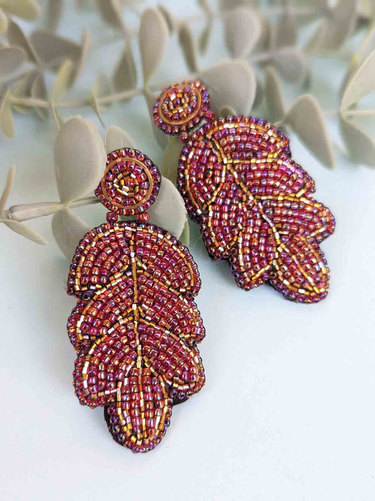 Handmade Beaded Earrings Summer Leaves Pink Red Gold Embroidered