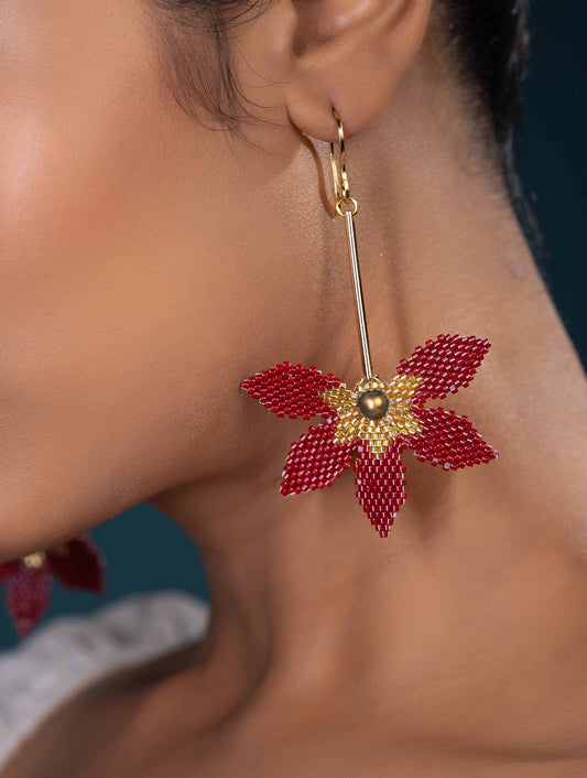 Mira Red Earrings Handmade Beaded Weaving Gold Maroon Pearl Hook Dangler