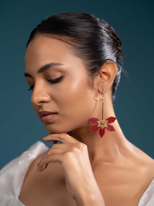 Mira Red Earrings Handmade Beaded Weaving Gold Maroon Pearl Hook Dangler