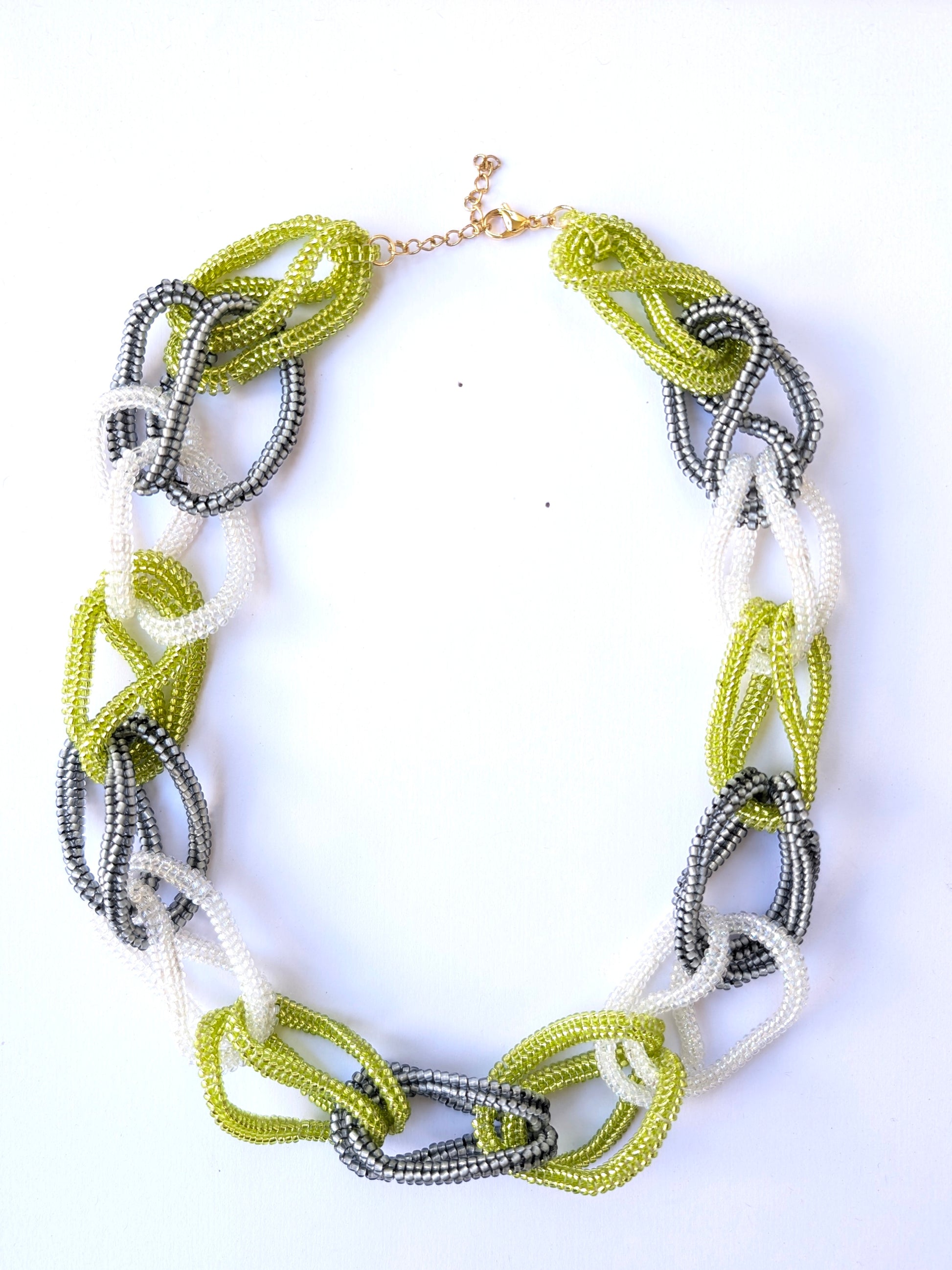 Saige Handmade Beaded Necklace Green Yellow Grey White