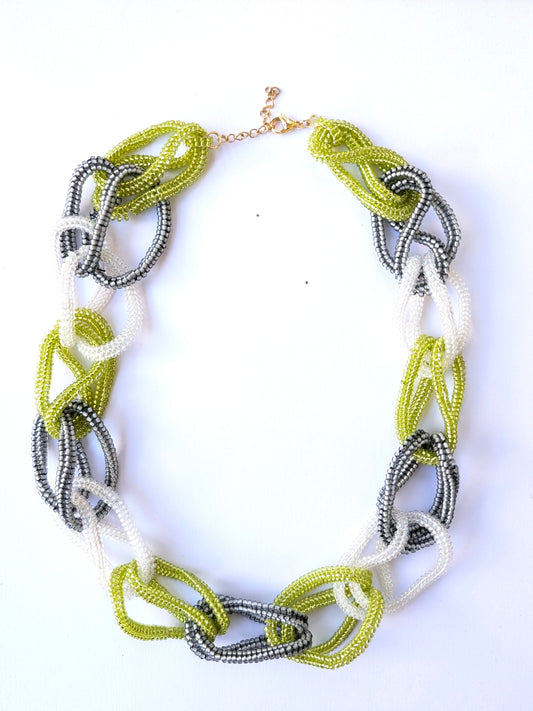 Saige Handmade Beaded Necklace Green Yellow Grey White