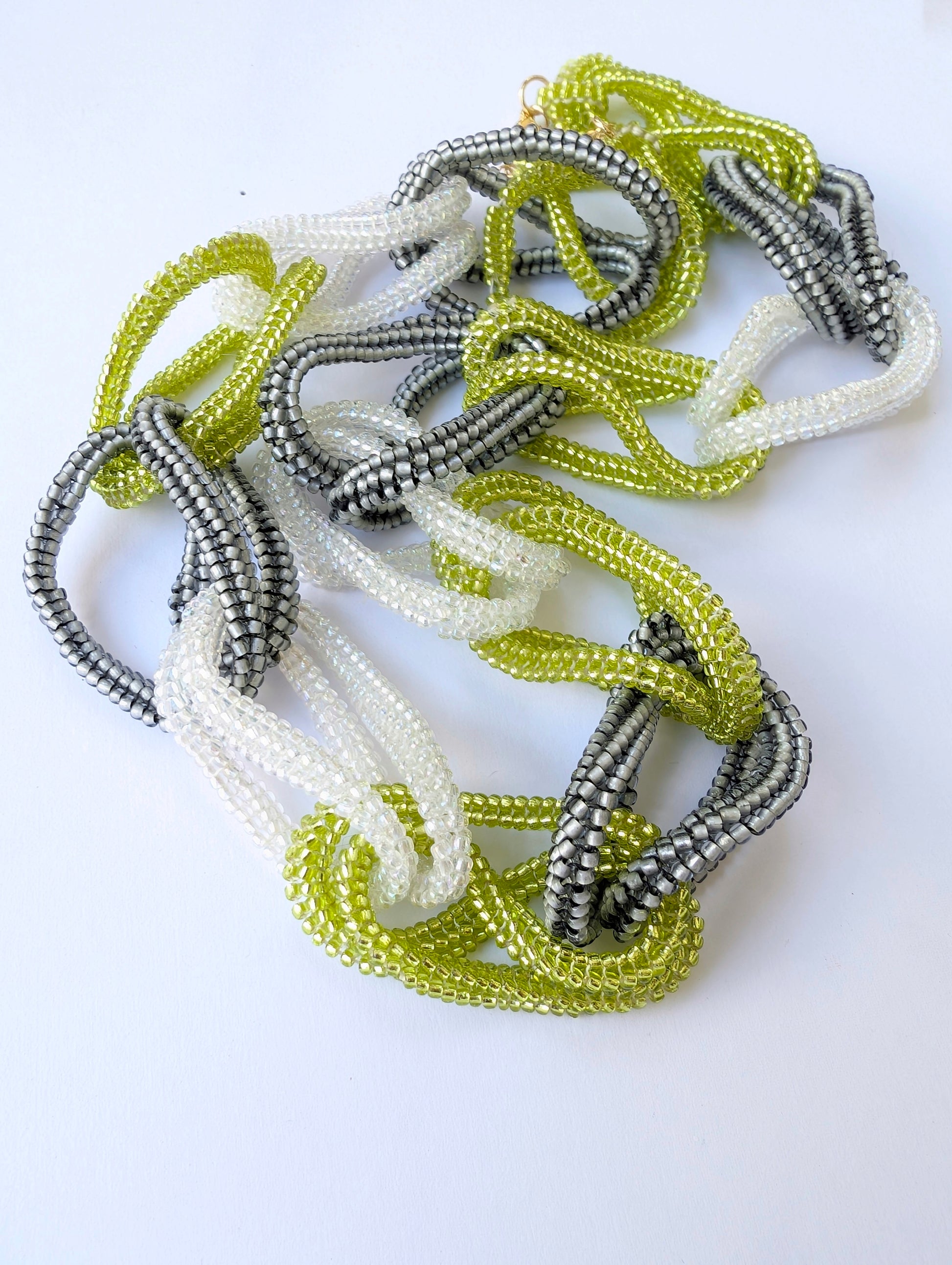 Saige Handmade Beaded Necklace Green Yellow Grey White