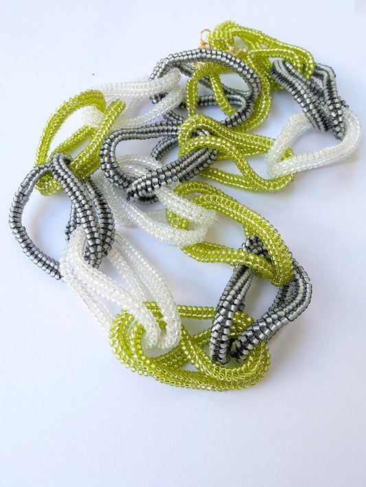 Saige Handmade Beaded Necklace Green Yellow Grey White