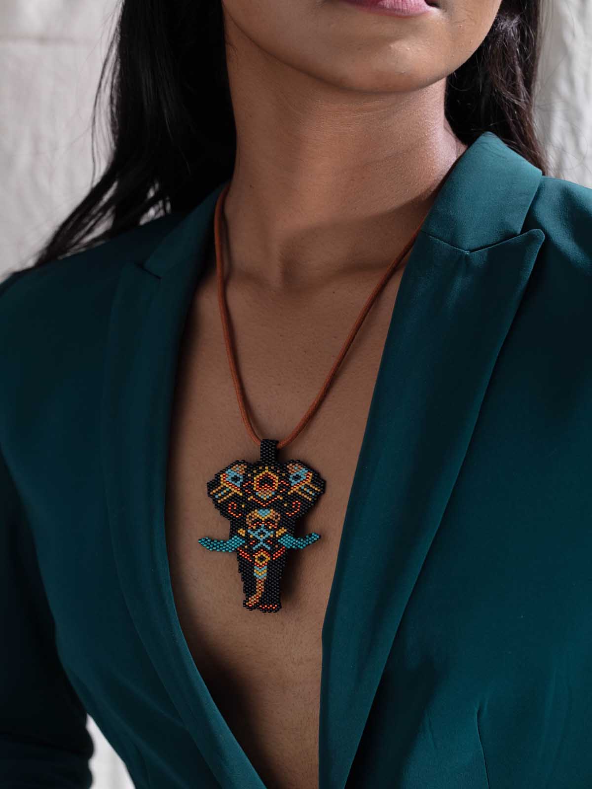 Handmade Beaded The Exotic Elephant Necklace Black Yellow Blue Orange Brown Red
