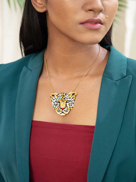 Tiger Handmade Beaded Necklace Gold Chain Yellow White Black Red