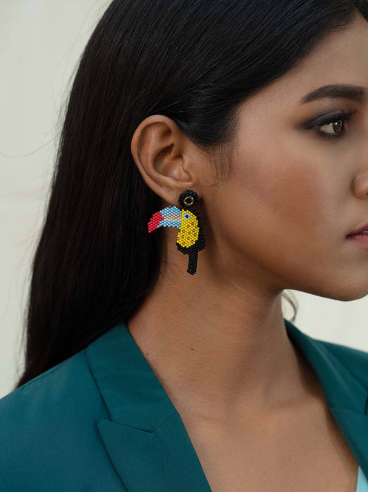 Some 'Toucan' Fun Earrings Handmade Beaded Weaving Red Blue Black Yellow Gold Stud