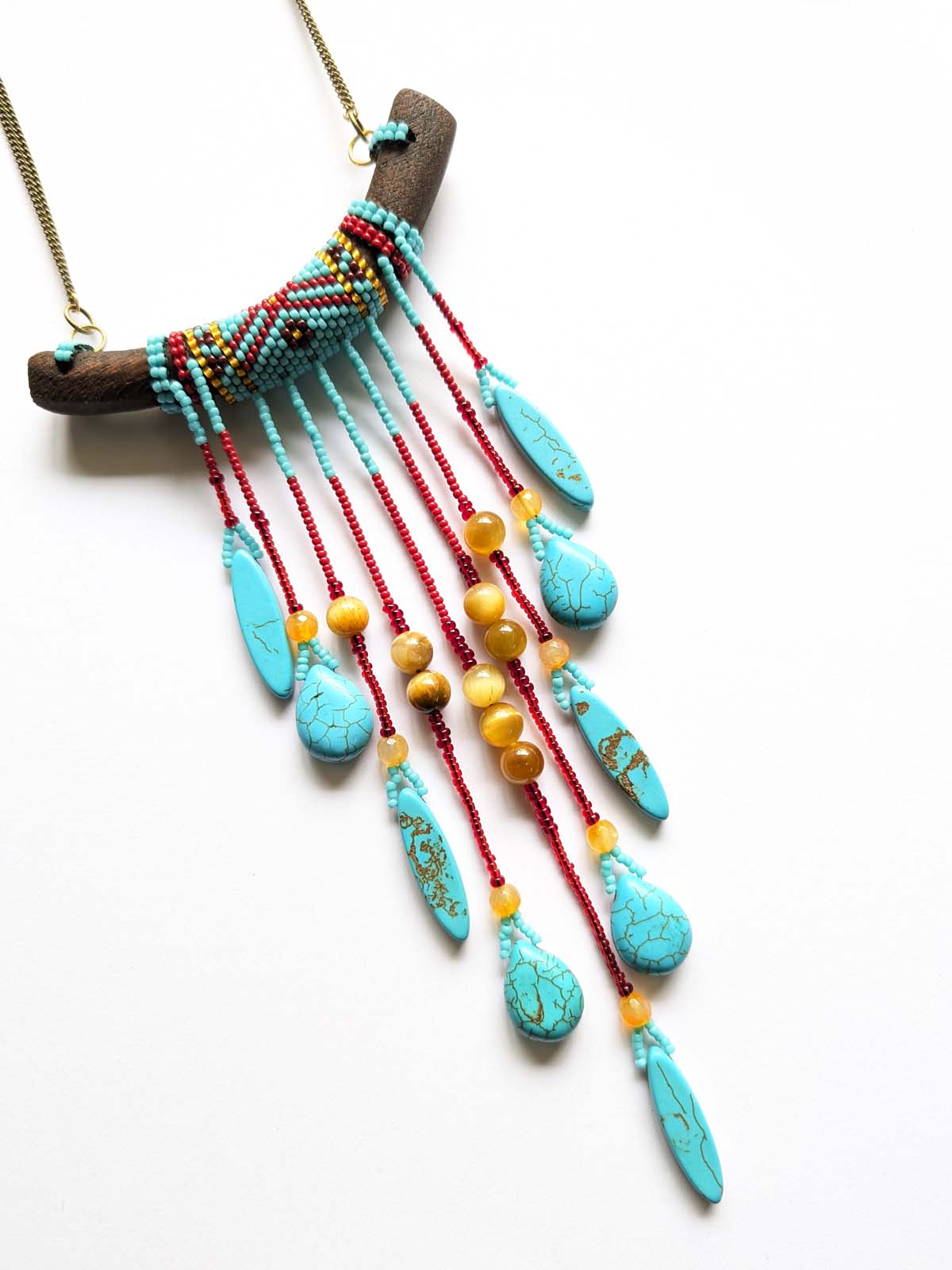 Turquoise Statement Necklace Glass  Bead Handmade Wood Stainless Steel Clasp Gold Red