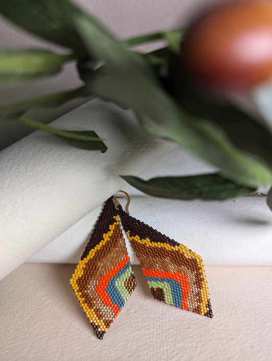 Kaia Yellow Handmade Earrings Weaving Chocolate Brown Squash Terracotta Brown Orange Eearthy Shades Blue Gold Grey