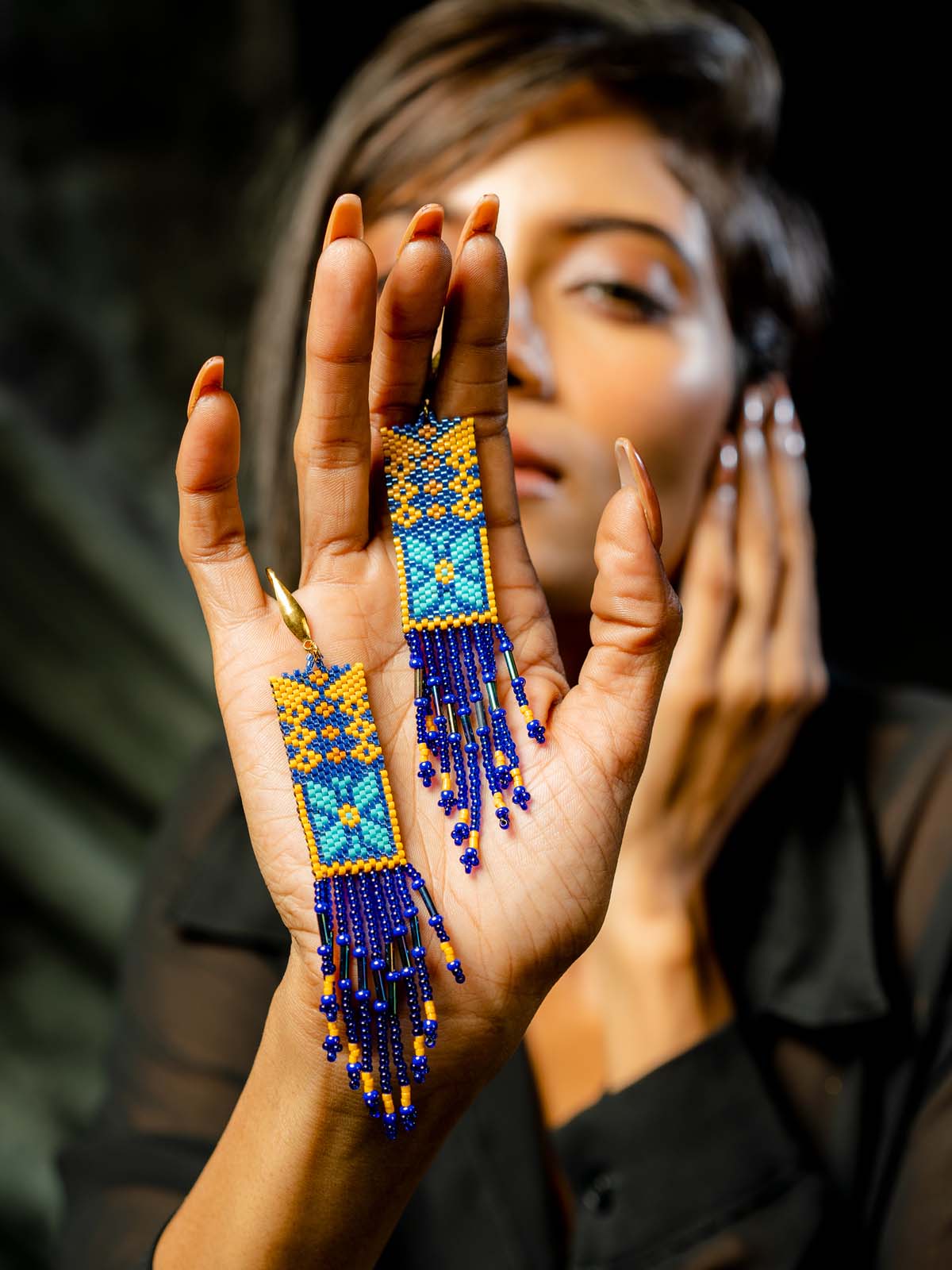 Aaliyah Blue Handmade Beaded Earrings Yellow
