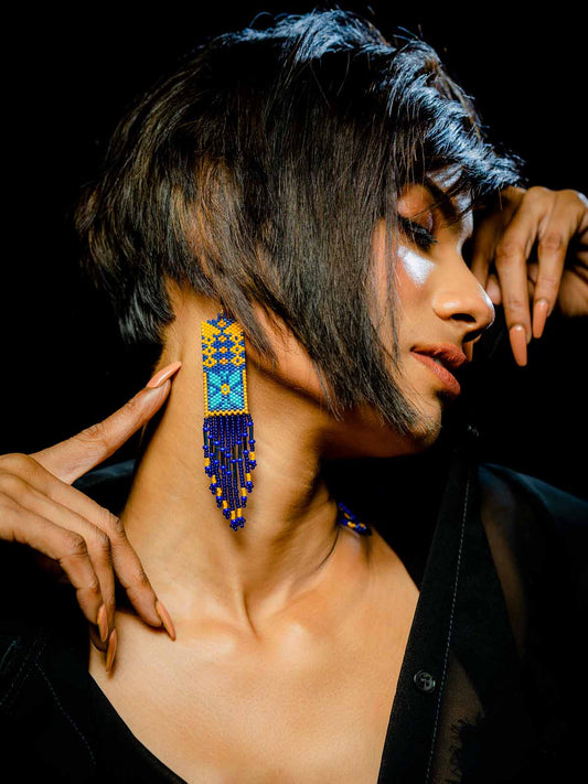 Aaliyah Blue Handmade Beaded Earrings Yellow