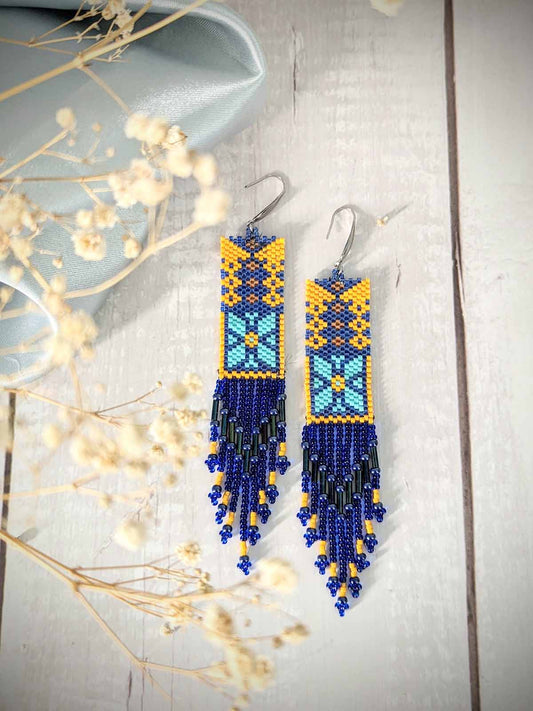 Aaliyah Blue Handmade Beaded Earrings Yellow