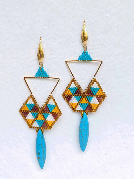 Anya Multicolor Handmade Beaded Weaving Earrings Turquoise Green Blue Yellow Gold Metal Triangle White Brown