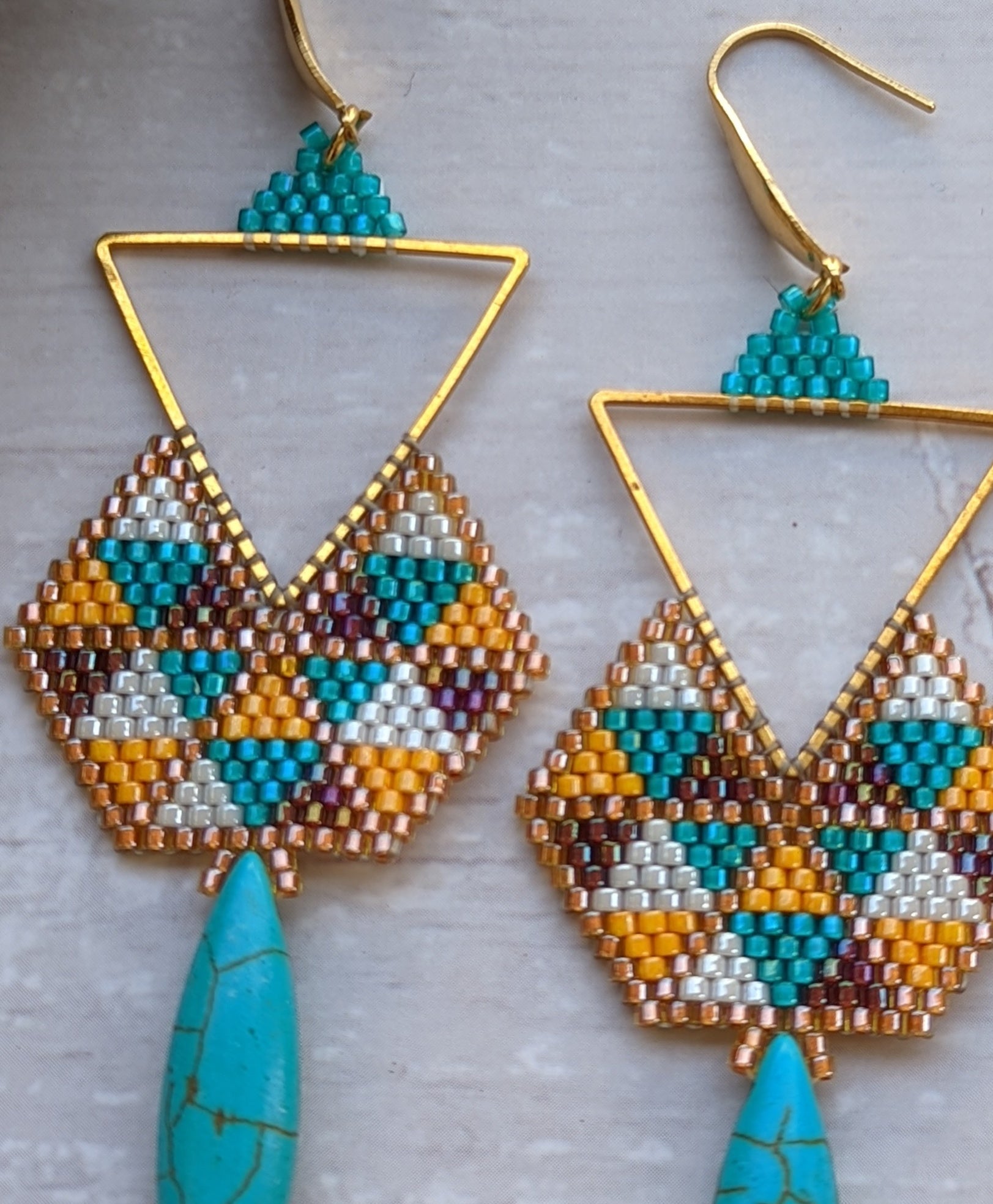 Anya Multicolor Handmade Beaded Weaving Earrings Turquoise Green Blue Yellow Gold Metal Triangle White Brown