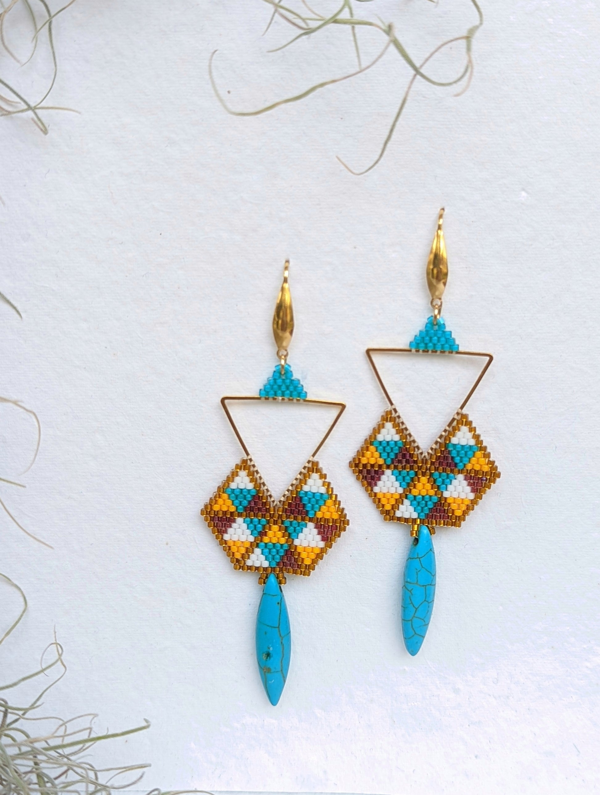 Anya Multicolor Handmade Beaded Weaving Earrings Turquoise Green Blue Yellow Gold Metal Triangle White Brown