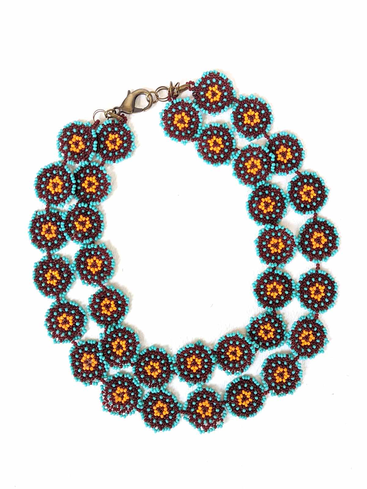 Mia Turquoise Multi-Stranded Flower Necklace Handmade Beaded Orange Maroon Green