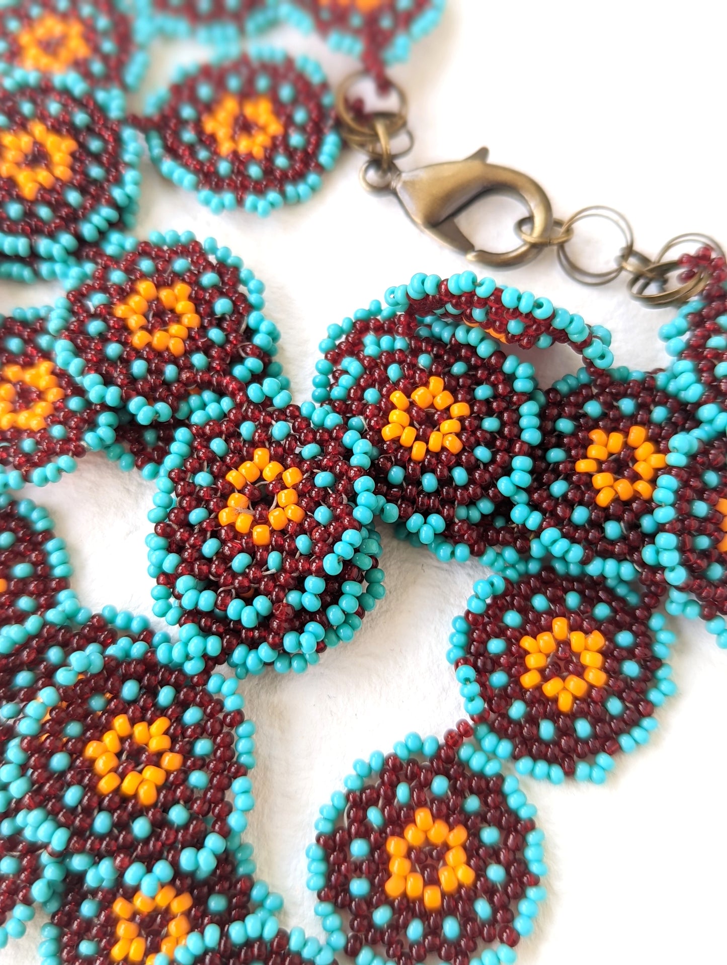 Mia Turquoise Multi-Stranded Flower Necklace Handmade Beaded Orange Maroon Green