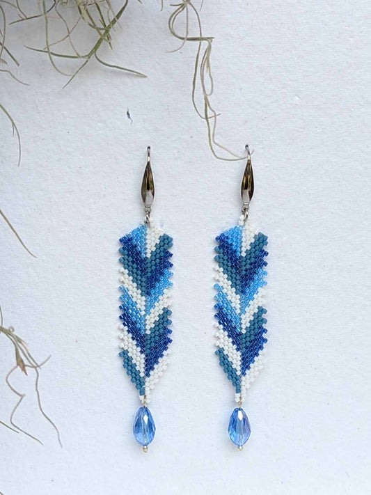 Blue & White Aztec Arrowhead Earrings Handade Beaded Weaving Stainless Steel Hook Grey Silver