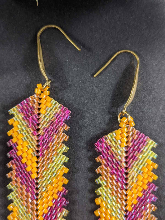 Pink, Yellow & Brown Aztec Arrowhead Handmade Beaded Earrings Weaving Gold Hook Dangler