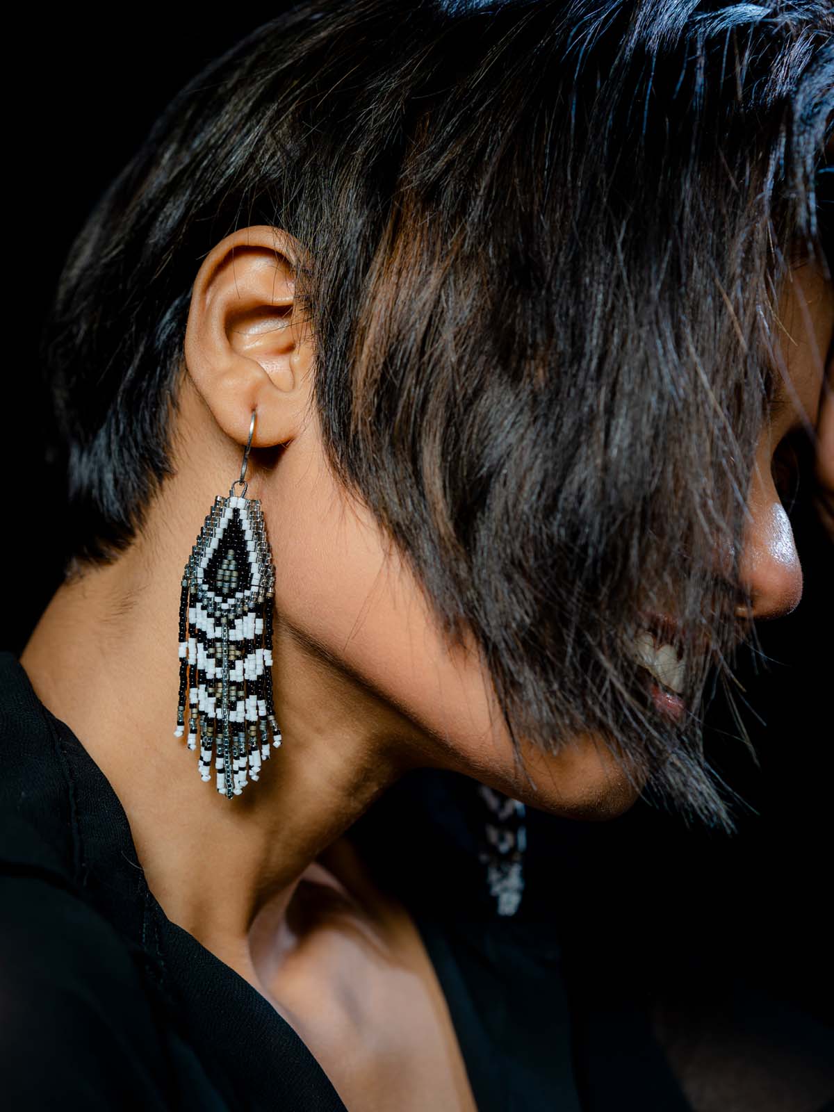 Aztec Leaves Handmade Beaded Earrings Weaving Black White Grey Silver